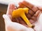 Chanterelle mushrooms in the hand of a girl