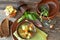 Chanterelles mushroom soup, sunny image of slavic cuisine, top view, flat lay