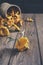 Chanterelles on vintage wooden background top view, healthy food on table mockup, orange mushrooms  on rustic country