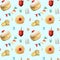 Chanukah donut seamless pattern with sufganiyot, Jewish traditional dessert on the holiday of Hanukkah and dreidels