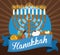 Chanukiah, Gelt, Dreidel, Sufganiyah and Latke to Celebrate Hanukkah, Vector Illustration