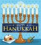 Chanukiah with Lighted Candles, Sufganiyah and Dreidel for Hanukkah Celebration, Vector Illustration