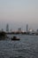 Chao Phraya River Embankment and River Ferry Pier. Skyscrapers of Bangkok