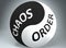 Chaos and order in balance - pictured as words Chaos, order and yin yang symbol, to show harmony between Chaos and order, 3d