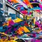 A chaotic blend of graffiti tags, abstract shapes, and vibrant splatters, symbolizing the urban landscape and the energy of stre