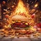 A chaotic burst of greasy fast food indulgence, with burgers, fries, and fried chicken taking center stage. The enticing