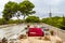 Chaotic roof terrace with a red couch hostel in Mallorca