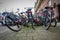 Chaotically parked abondoned bicycles on the streets of the Netherlands