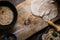 Chapati bread preparation on the wooden board horizontal