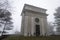 Chapel of the appearace near the Sanctuary of Our Lady of the Guard in the fog, in winter time, in Genoa,