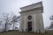 Chapel of the appearace near the Sanctuary of Our Lady of the Guard in the fog, in winter time, in Genoa,