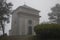 Chapel of the appearace near the Sanctuary of Our Lady of the Guard in the fog, in winter time, in Genoa,