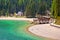 Chapel and Braies lake in Dolomite Apls view