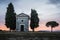 Chapel Capella della Madonna di Vitaleta in Val d` Orcia, Tuscany, Italy at Sunrise