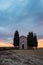 Chapel Capella della Madonna di Vitaleta in Val d` Orcia, Tuscany, Italy at Sunrise