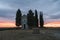 Chapel Capella della Madonna di Vitaleta in Val d` Orcia, Tuscany, Italy at Sunrise