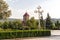 Chapel and green park of Tsminda Sameba Cathedral in Tbilisi