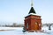Chapel in honor of Blessed Matrona of Moscow on bank of snow-covered lake, winter landscape, Senno, Belarus
