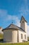 Chapel with mountain view in background, Passo Gardena Dolomite Mountains Italy