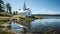 Chapel on mountain, water reflects tranquil nature generated by AI