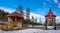 Chapel in the mountains for occasional worship with benches in winter beautiful suns day, czech beskydy , polomy