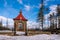 Chapel in the mountains for occasional worship with benches in winter beautiful suns day, czech beskydy , polomy