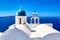 The Chapel of Panagia Theoskepasti with Aegean sea. Skaros rock, Imerovigli, Santorini island, Greece