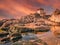 Chapel Senhor da Pedra on Miramar Beach, Vila Nova de Gaia, near Porto. Seascape with long exposure effect, of maritime landscape