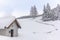 The chapel for St. Antonius during the ski touring in the mountains and forest above Alvaneu in the Swiss Alps