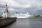 Chapel of St. Nicholas and the cruise ship Albatross on the Neva river. Saint-Pete