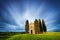 Chapel in Tuscany landscape at sunrise. Typical for the region tuscan farm house, hills, vineyard. Italy Fresh Green tuscany