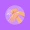 Character applying skin care product on hands, round icon, flat vector illustration isolated on purple background.