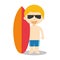 Character from Australia dressed in the traditional way as a surfer with his surfboard.
