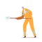 Character Builder with Shovel. Worker Wearing Orange Overalls and Helmet Using Spade. Road Repair Building Process