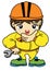 The character cartoon boy of engineer professional career trying to fix something and carry the tool in hand. Safety helmet.