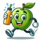 The character of a cheerful active apple runs merrily with juice in his hands