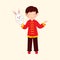 Character Of Chinese Young Boy Wearing Rabbit Puppet Glove In One Hand On Beige