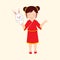 Character Of Chinese Young Girl Wearing Rabbit Puppet Glove In One Hand On Beige