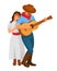 Character cowboy playing the guitar next to a beautiful girl.