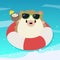 The character of cute hedgehog wear a sunglasses with coconut juice and rubber ring on the blue sea. The character of cute