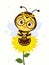 Character cute honey bee with honey pot sits on a sunflower flower and leaves on a white background. Vector, cartoon