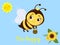 Character cute Honey bee with a pot of honey flies, sunflower flower and leaves on blue background. Vector, cartoon