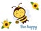 Character cute Honey bee with a pot of honey flies, sunflower flower and leaves on white background. Vector, cartoon