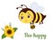 The character of a cute honey bee with a pot of honey flies to a sunflower flower and leaves on a white background