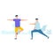 Character design of two young man practicing stretching together in nature with healthy lifestyle concept. Vector illustration in
