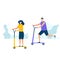 Character design of young couple riding kick scooters together in nature with healthy lifestyle concept. Vector illustration in