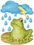The character is a disgruntled, offended frog, a toad sitting in the rain with a thunderstorm and lightning