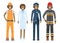Character doctor, policeman, worker, firefighter standing isolated on white, flat vector illustration. Human female important