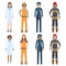 Character doctor, policeman, worker, firefighter standing isolated on white, flat vector illustration. Human female important