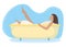 Character female lie in bathroom, washroom foam, relaxing in bath isolated on white, flat vector illustration. Stay at home